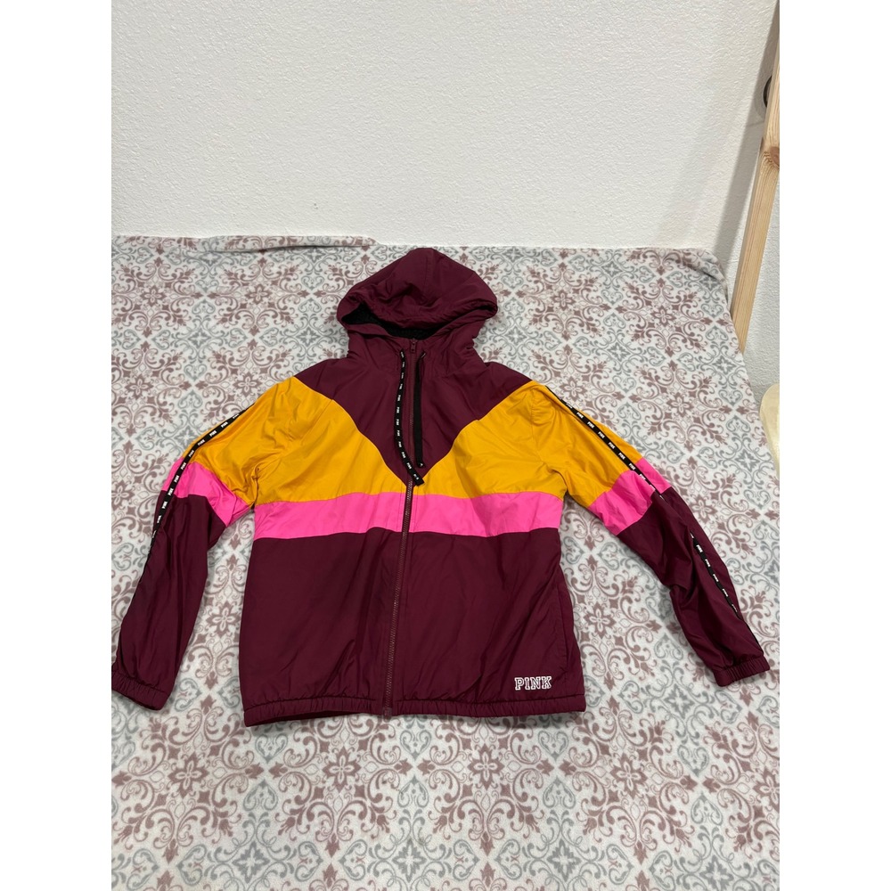 Victorias Secret PINK Colorblock Windbreaker Jacket Burgundy Yellow Pink Hooded